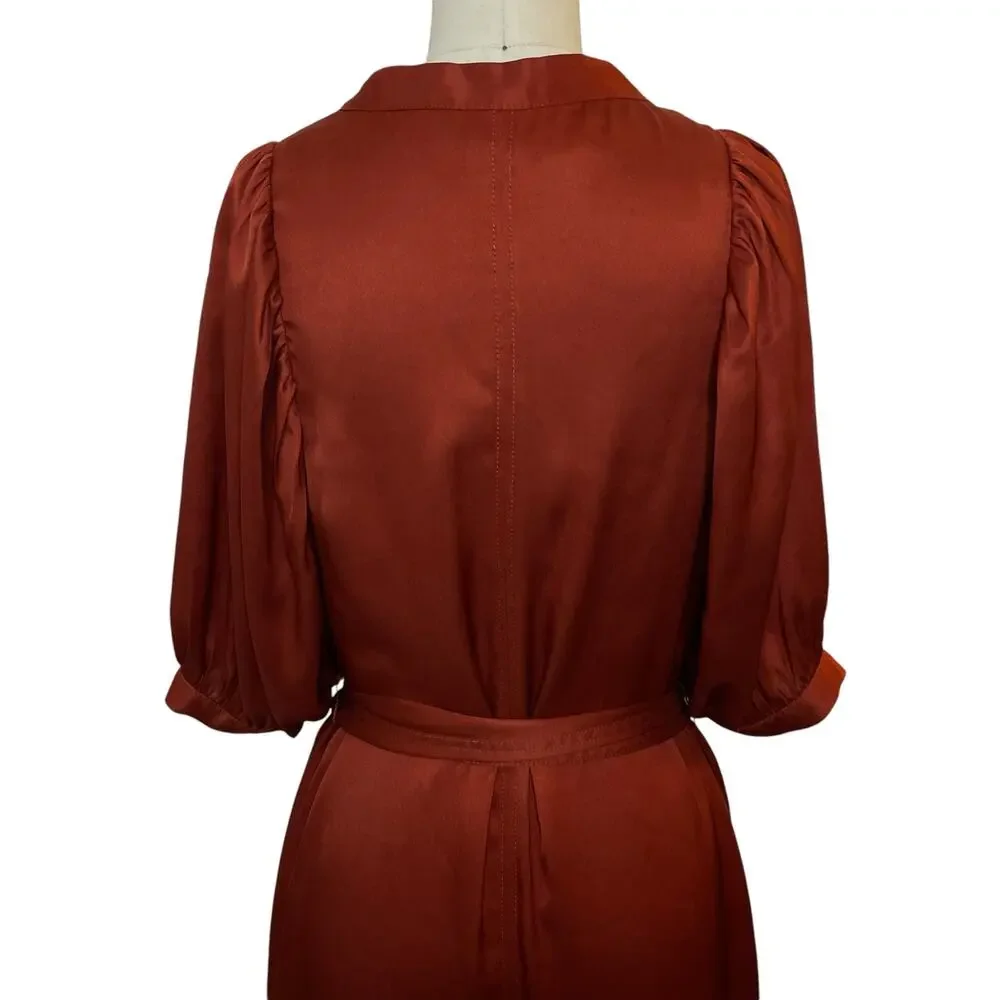 Ann Taylor Puff Sleeve Tie Waist Shirtdress In Bronze Red V-Neck Size Small - Picture 9 of 14